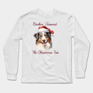 Christmas Australian Shepherd Dog in Santa Hat Long Sleeve T-Shirt